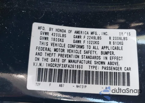 2015 Honda Accord Lx из США, поврежденный, VIN 1HGCR2F3XFA261950